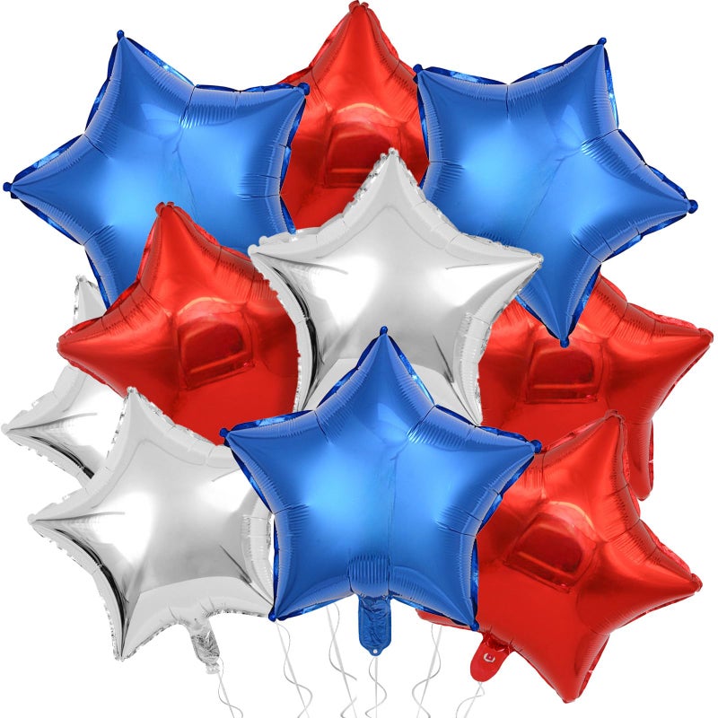 KALOR Blue Red and Silver Star Foil Balloons, 10 Pcs 18 Inch Stars Shape Foil Mylar Balloons for Birthdays, Weddings, Baby Showers, Independence Day Decorations - Image 1